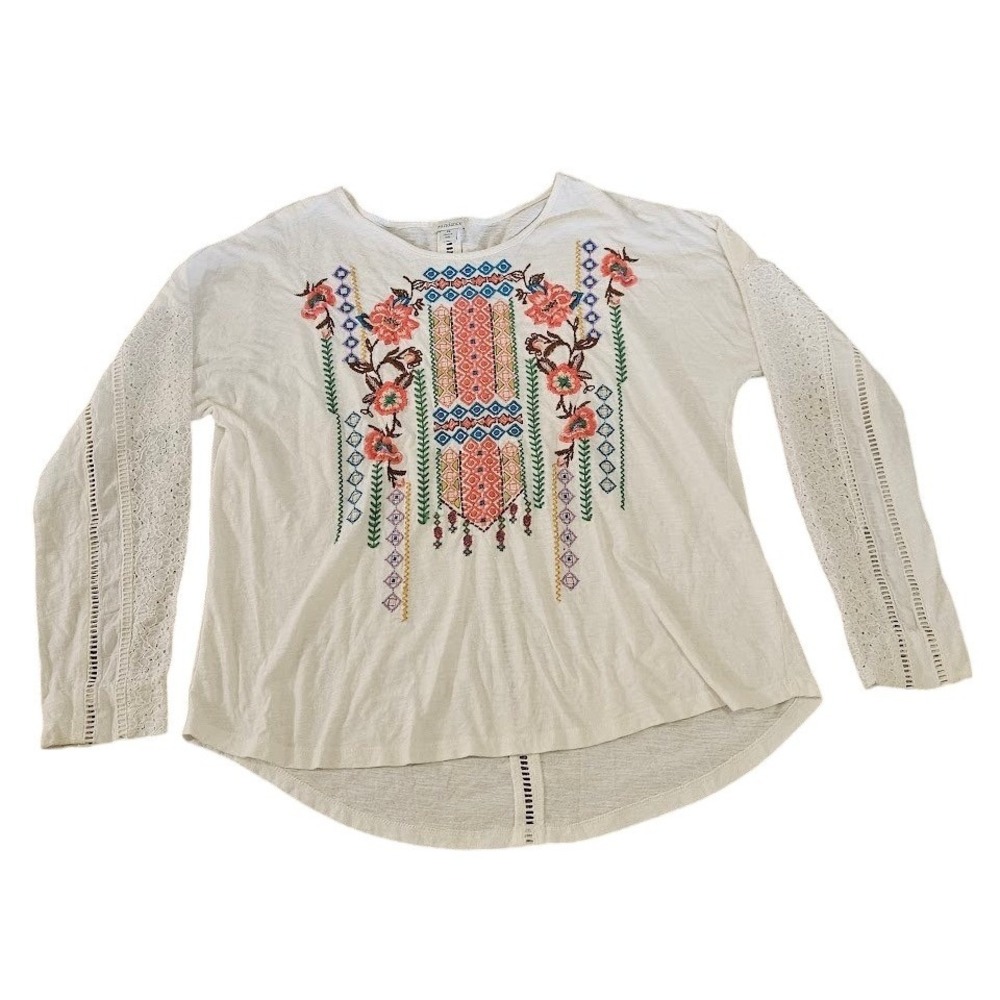 Sundance Womens XL Cream Embroidered Lace Long Sleeve Boho Blouse Top